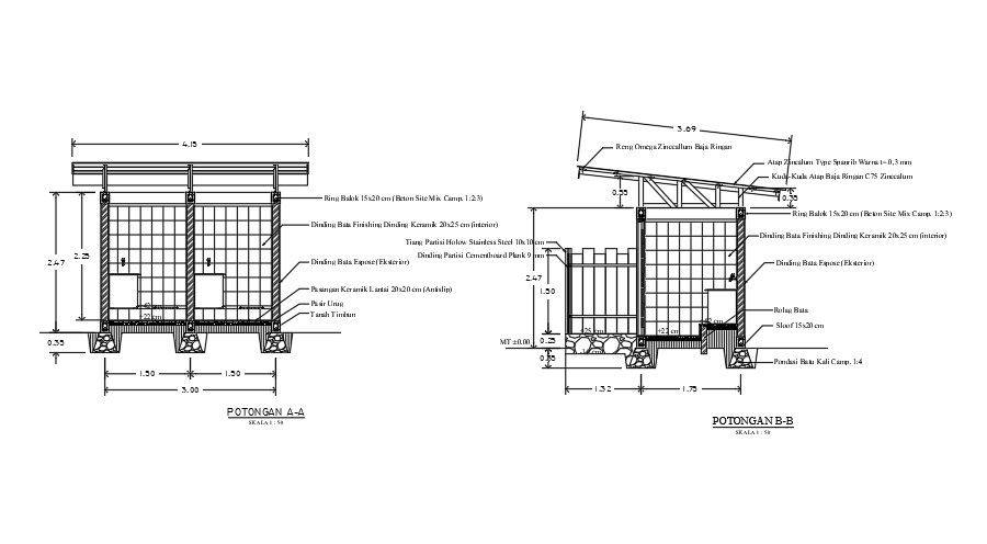 A section view of the 3x3m toilet building