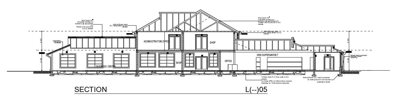 A section view of the 44x15m mini super market is given in this AutoCAD drawing model. Download now.