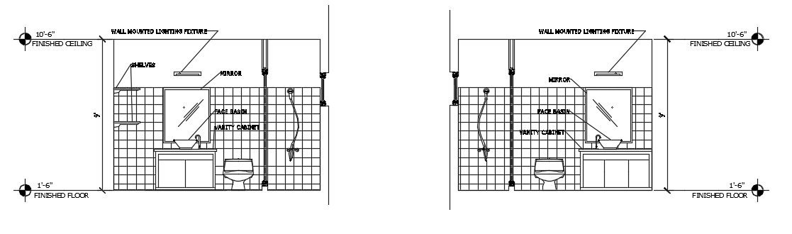 A section view of the 6’x12’ bathroom AutoCAD drawing