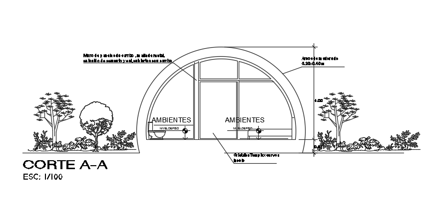 A section view of the 6x9m bungalow house building 2d AutoCAD drawing