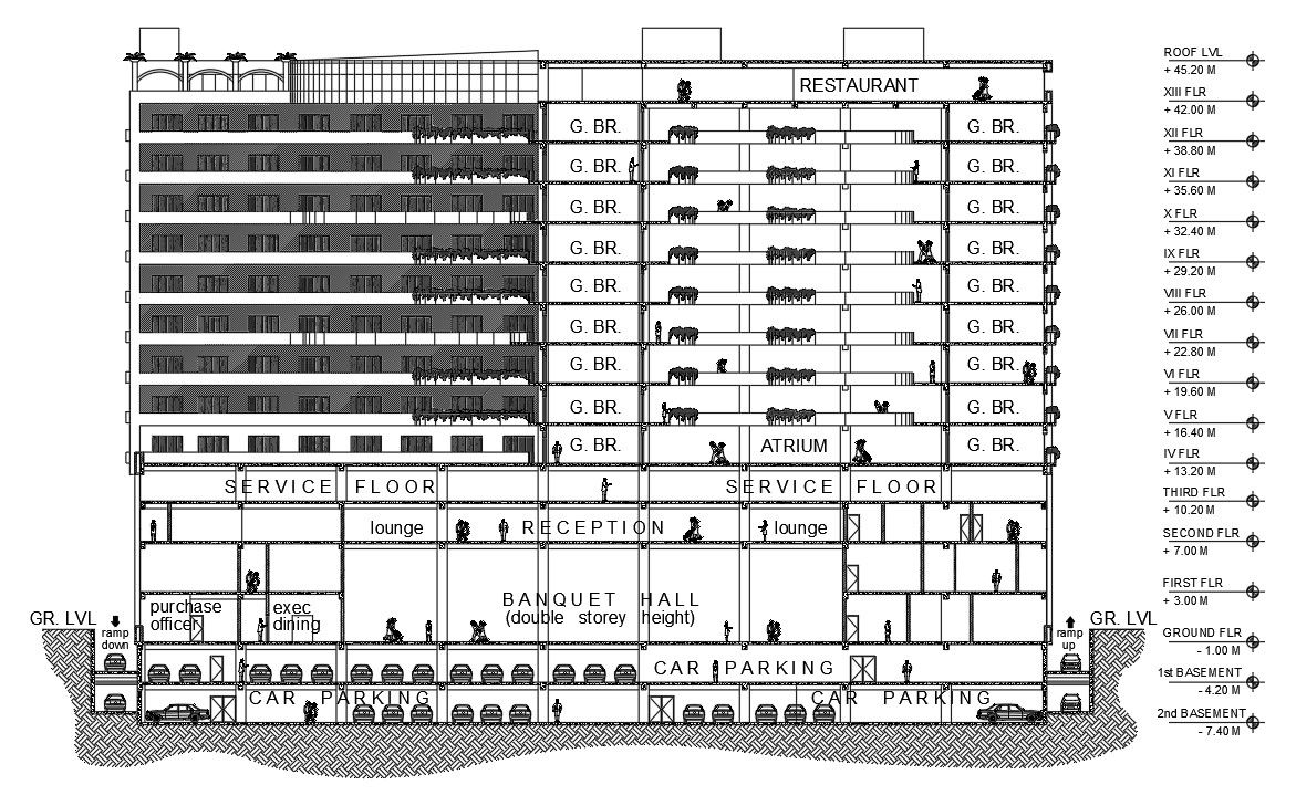 A section view of the 72x52m hotel building is given in this AutoCAD drawing model. Download now.