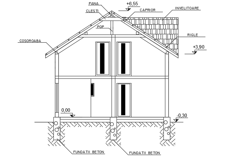 A section view of the 7x10m architecture two story residential building cad model