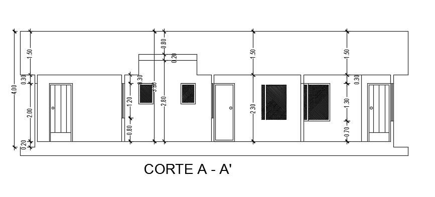 A section view of the 7x13m 3bhk home building AutoCAD drawing