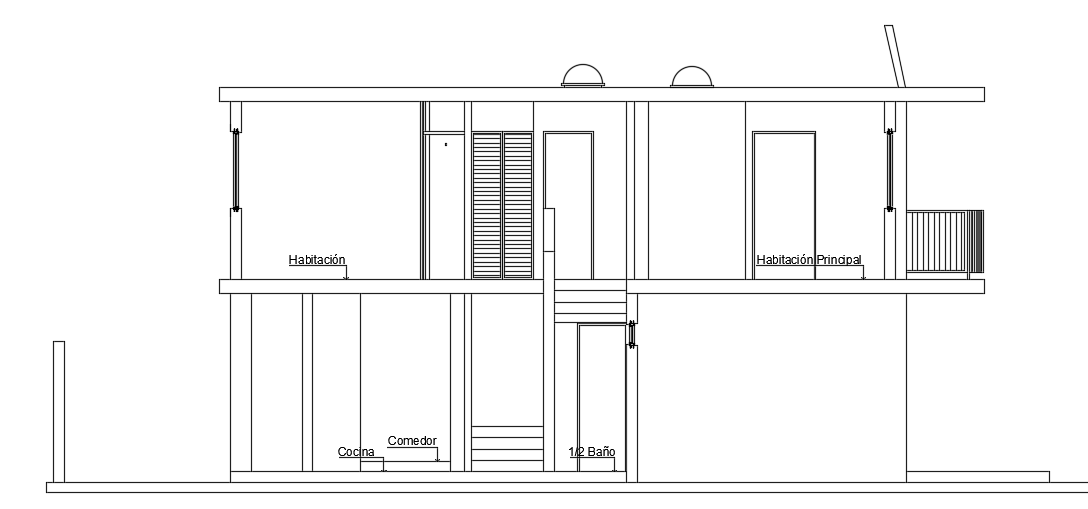 A section view of the 7x9m simple two story building AutoCAD model