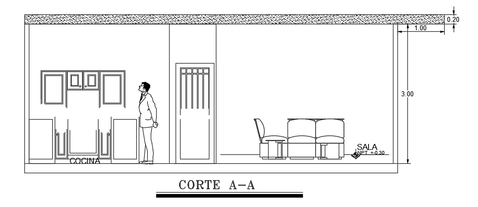 A section view of the 8x14m architecture single story house building AutoCAD 2d drawing