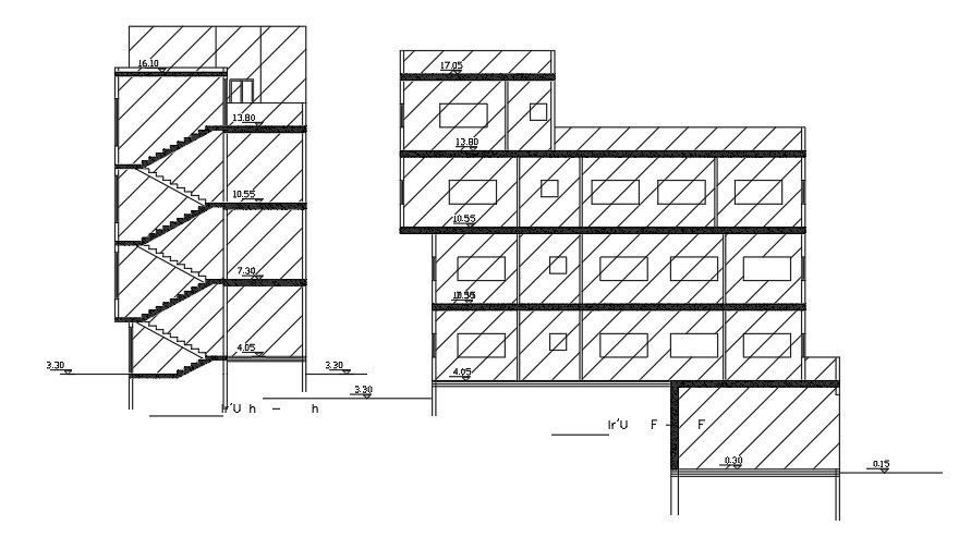 A section view of the 8x17m house building