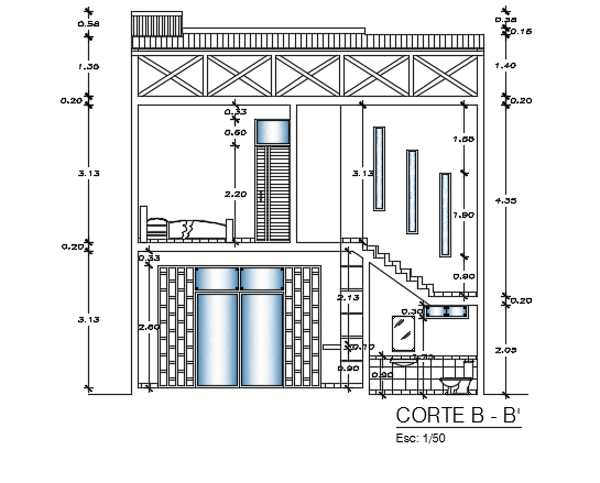 A section view of the 8x20m architecture 4bhk house building