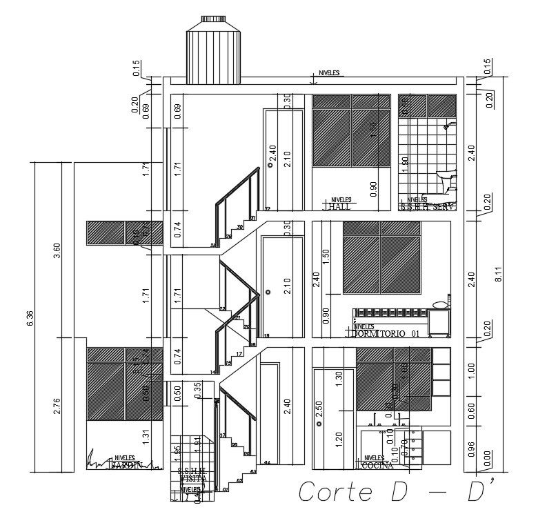 A section view of the 8x30m house building has been given in this AutoCAD drawing model. Download now.