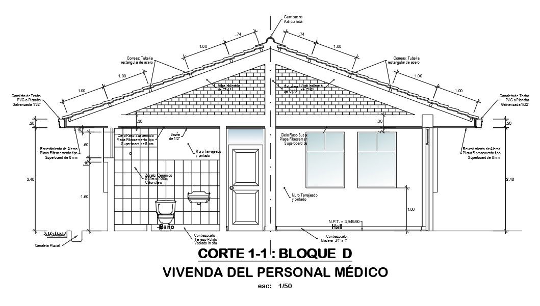 A section view of the 8x7m hospital guest house is given in this AutoCAD drawing model. Download now.