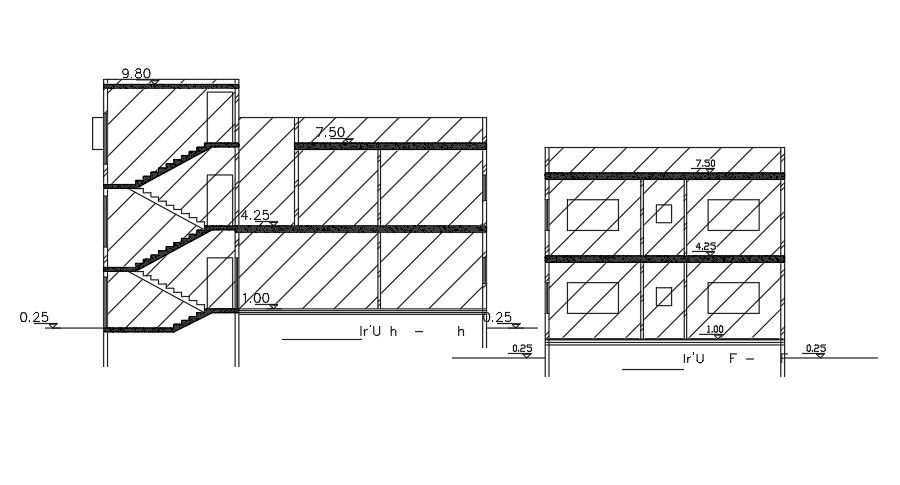 A section view of the 9x16m residential house building AutoCAD drawing