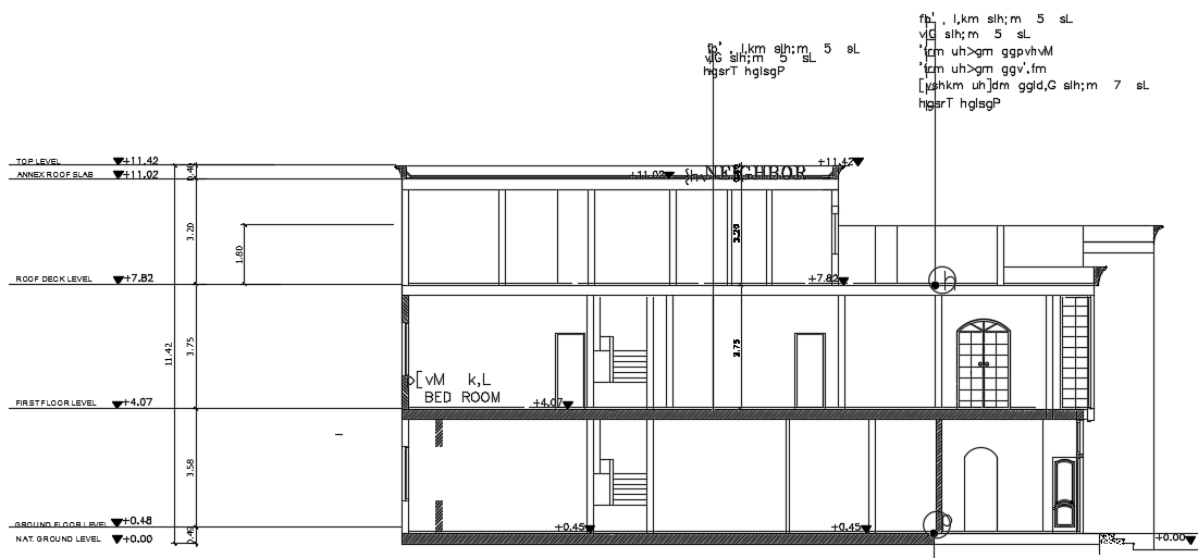 A section view of the 9x23m architecture house building cad drawing is provided