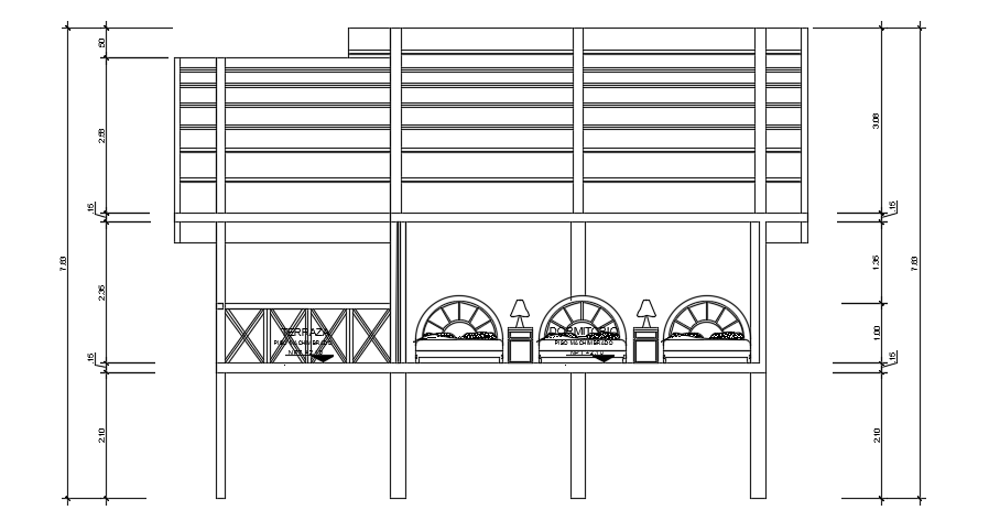A section view of the 9x4m bungalow house building AutoCAD drawing