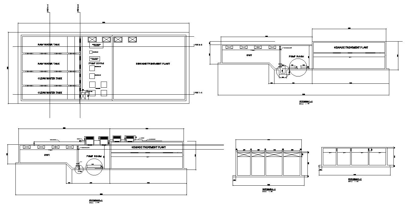 Sewage Treatment Plant Section View in AutoCAD 2D Drawing