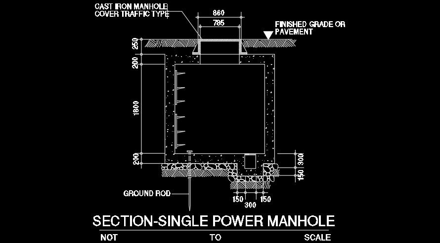 A section view of the Single power manhole AutoCAD drawing