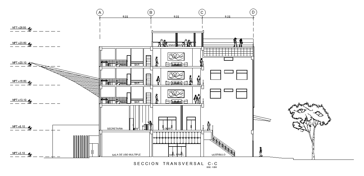 A section view of the airport 6th floor plan is given in this AutoCAD drawing model. Download now.