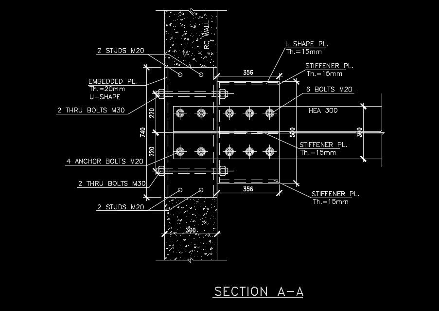 A section view of the anchor bolt and flange connection details