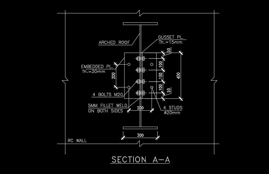 A section view of the arched bup beam to RC wall detail drawing