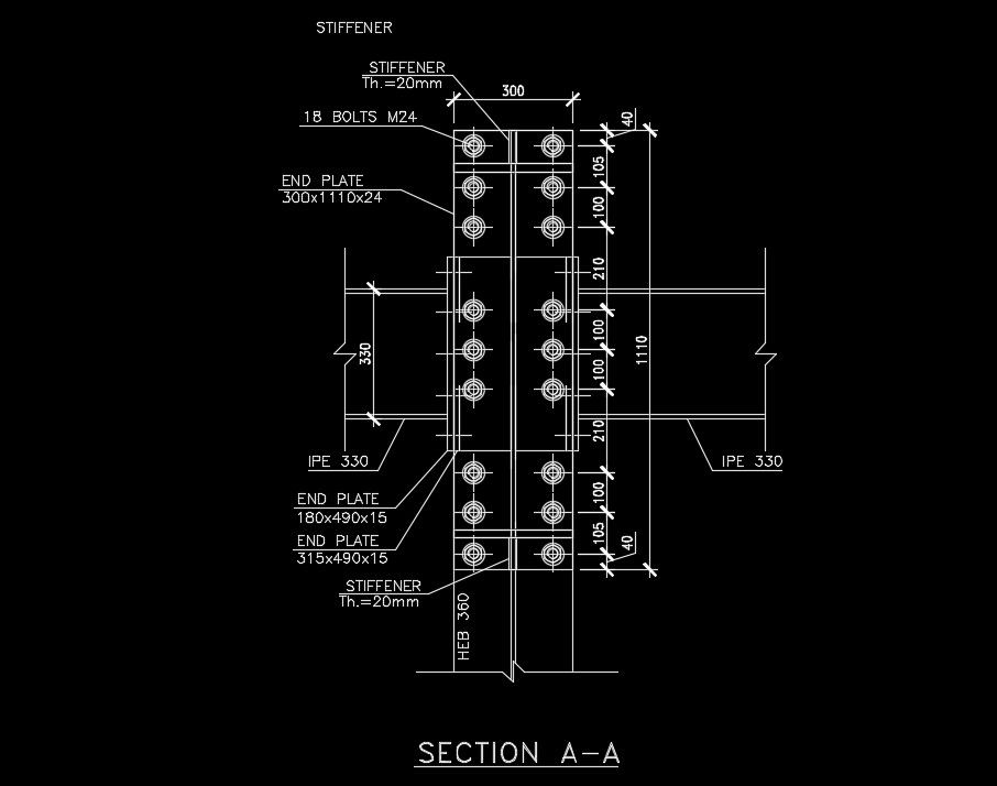 A section view of the arched bup beam to main column detail drawing