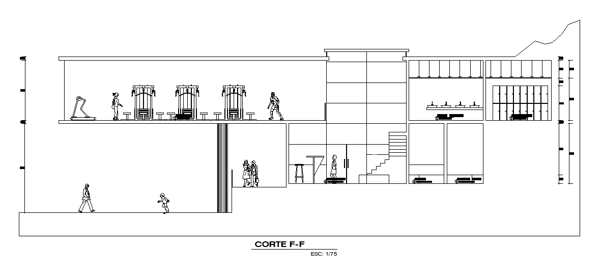 A section view of the club house building is given in this model