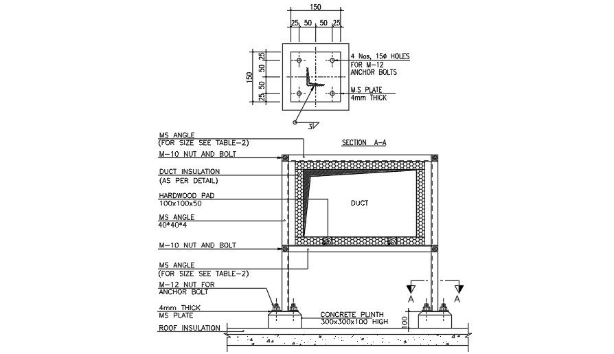 A section view of the concrete slab with duct size drawing