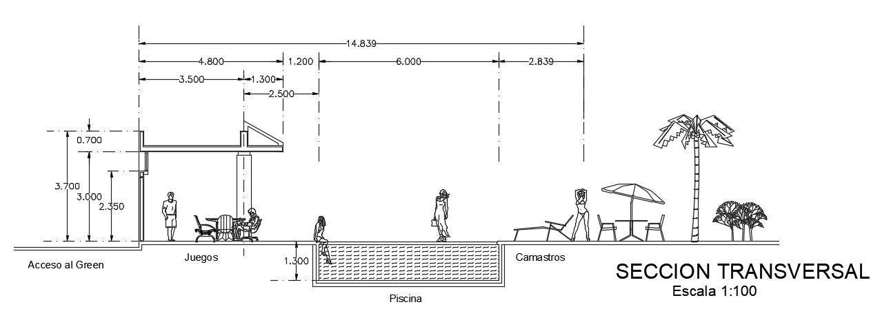A section view of the multi villa building entertainment area is given in this Autocad drawing file. Download the Autocad model.