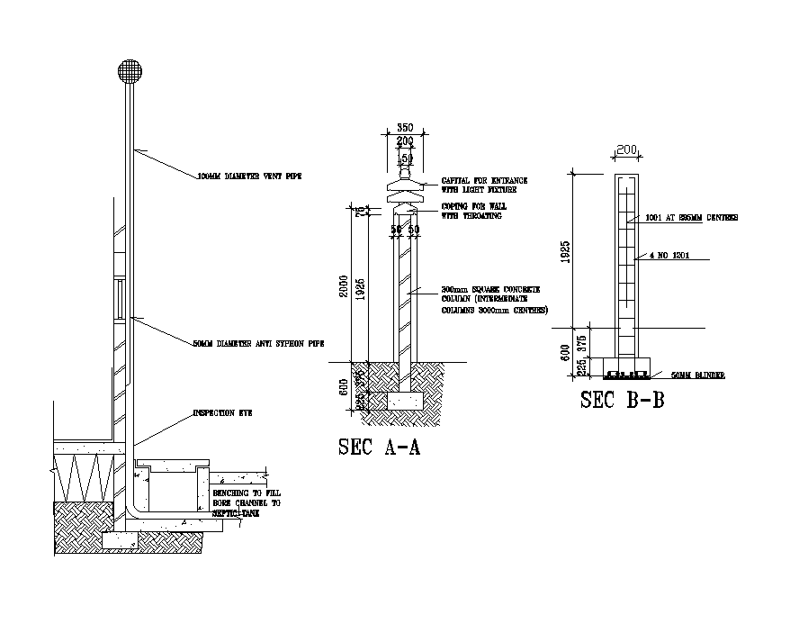 A section view of the septic tank pipe line is given in this Autocad drawing file. Download now.