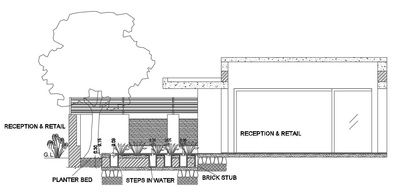 A section view of the shopping building is given in this Autocad drawing file.Download the Autocad model.