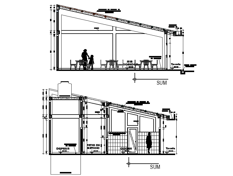 A section view of the small restaurant is given in this autocad drawing file. Download the Autocad file.