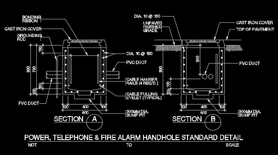 A section view of the telephone & fire alarm hand hole standard detail drawing