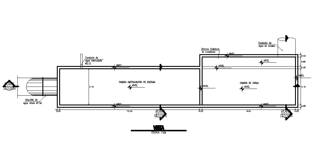 A section view of the water treatment plant energy amotiguating camera is given in this Autocad drawing file.Download now.