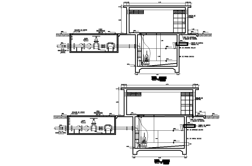 A section view of water pipe line is given for water treatment plant is given in this Autocad drawing file.Download now.