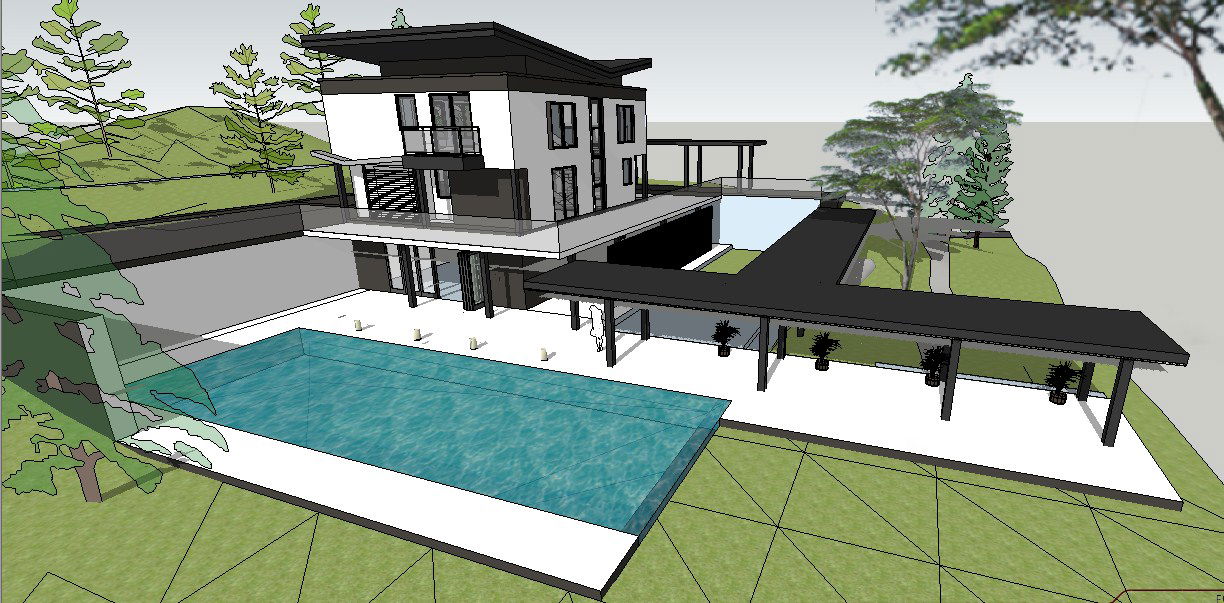 Asian contemporary house model 3d with landscape skp file