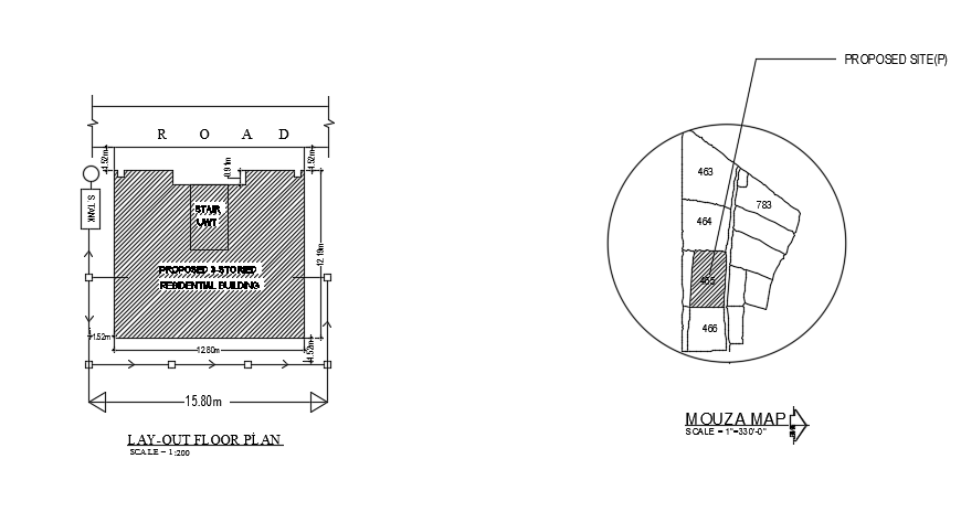 15x15m Architecture Double-Story 1st Floor House Plan AutoCAD Drawing