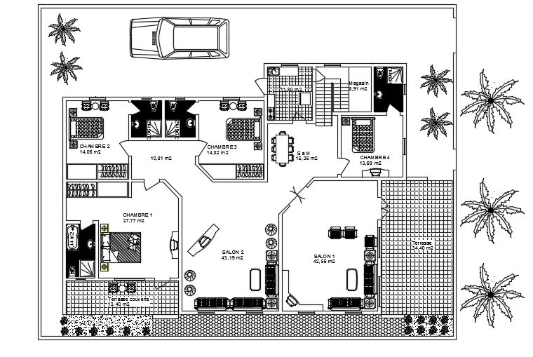 A site layout of the 23x15m architecture singe story house plan 2d AutoCAD model