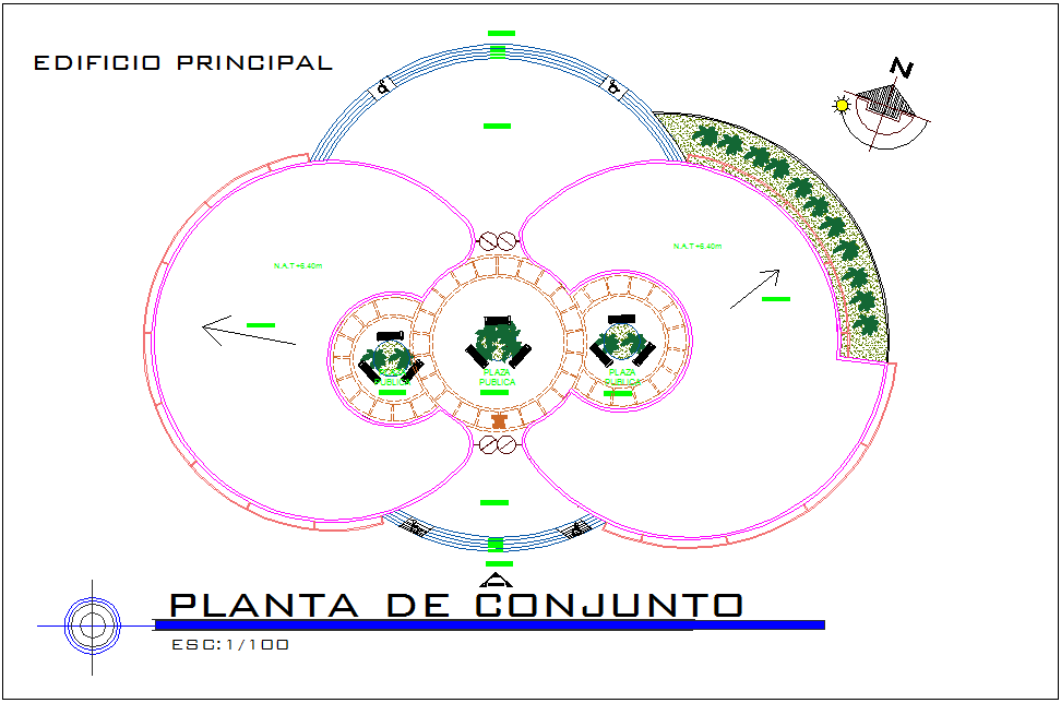 Assembly plan of admin building with architectural view dwg file