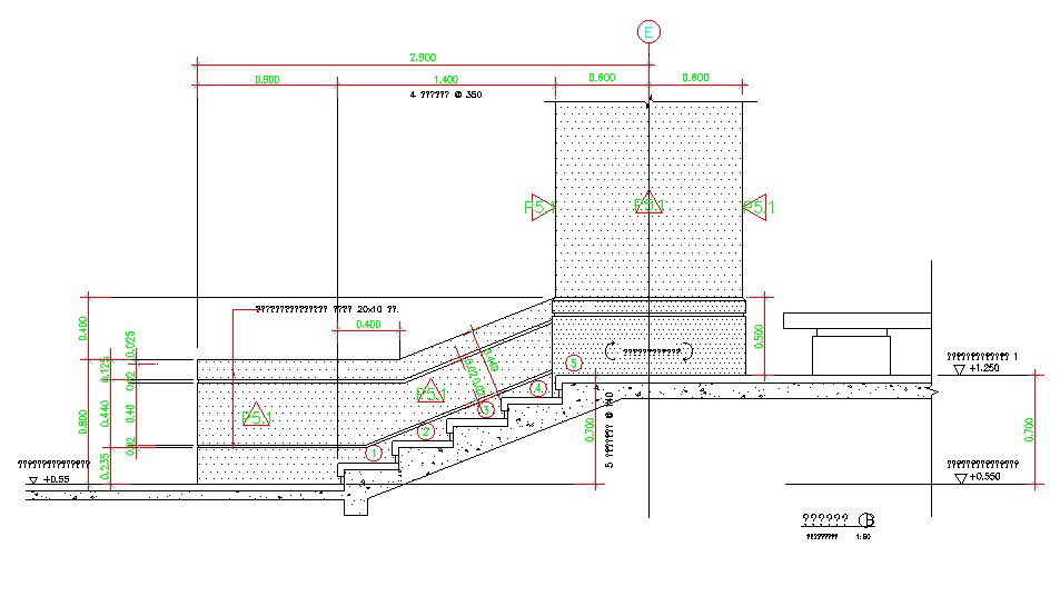 A staircase cut section and landing details are given in this architectural DWG CAD Drawing file. Download the free AutoCAD file now.