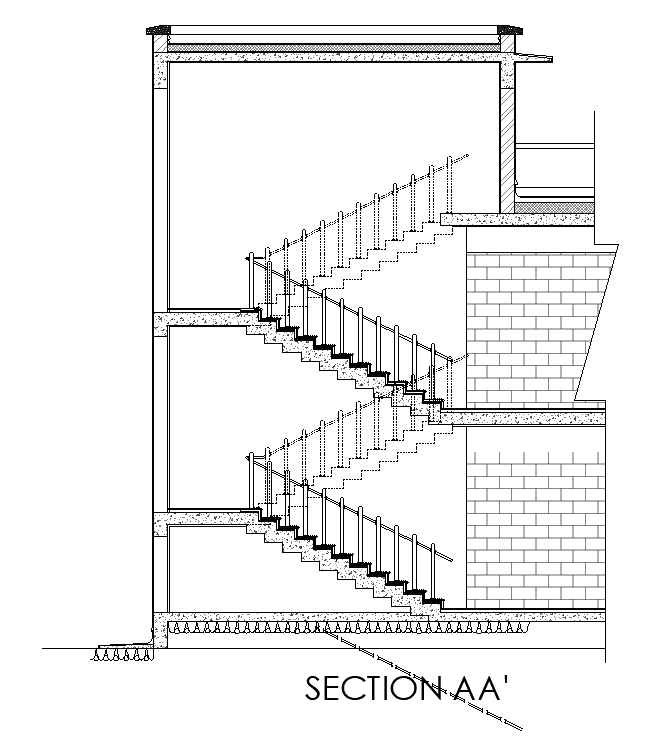 A staircase section view of 13x15m house plan has been given in this AutoCAD model. Download now.