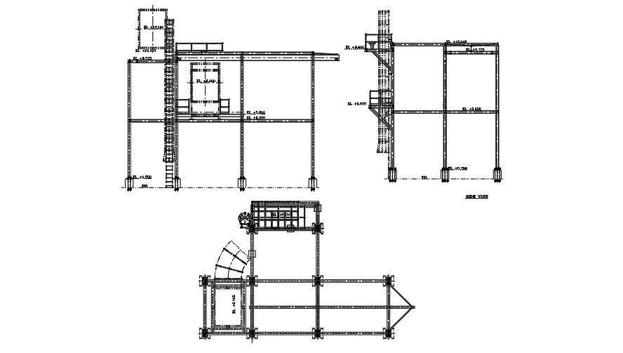A steel structure plan and side elevation views