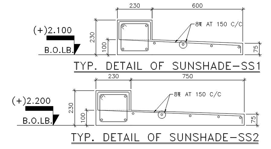 A typical detail of sunshade is given in this 2D Autocad DWG drawing file. Download the Autocad DWG drawing file.