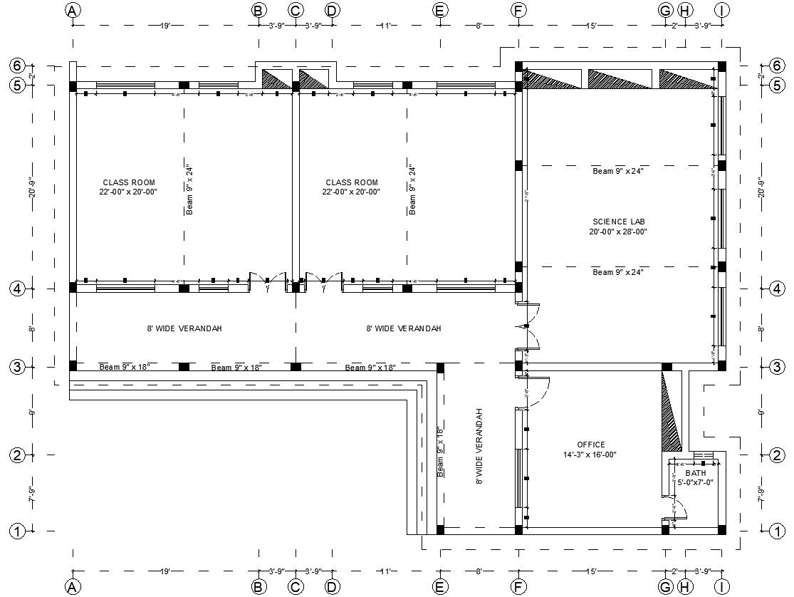 A typical educational floor plan with beam layout in DWG file