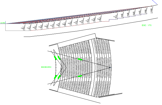 Audience chairs view of auditorium hall of college details dwg file