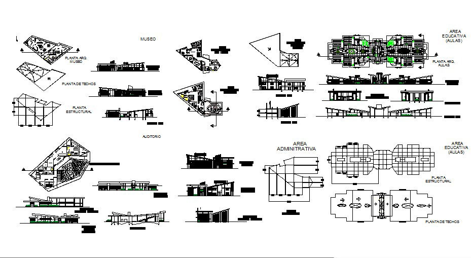 Auditorium building elevation, section, plan and auto-cad details dwg file