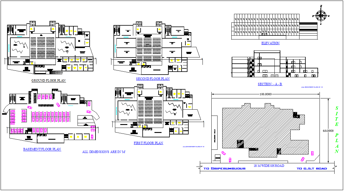 Auditorium building floor plan,site map and elevation view dwg file