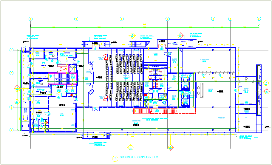 Auditorium design with ground floor plan design dwg file