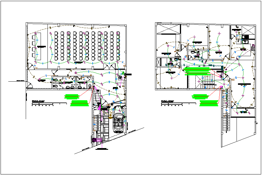 Auditorium structure electric plan layout with diagram detail dwg file