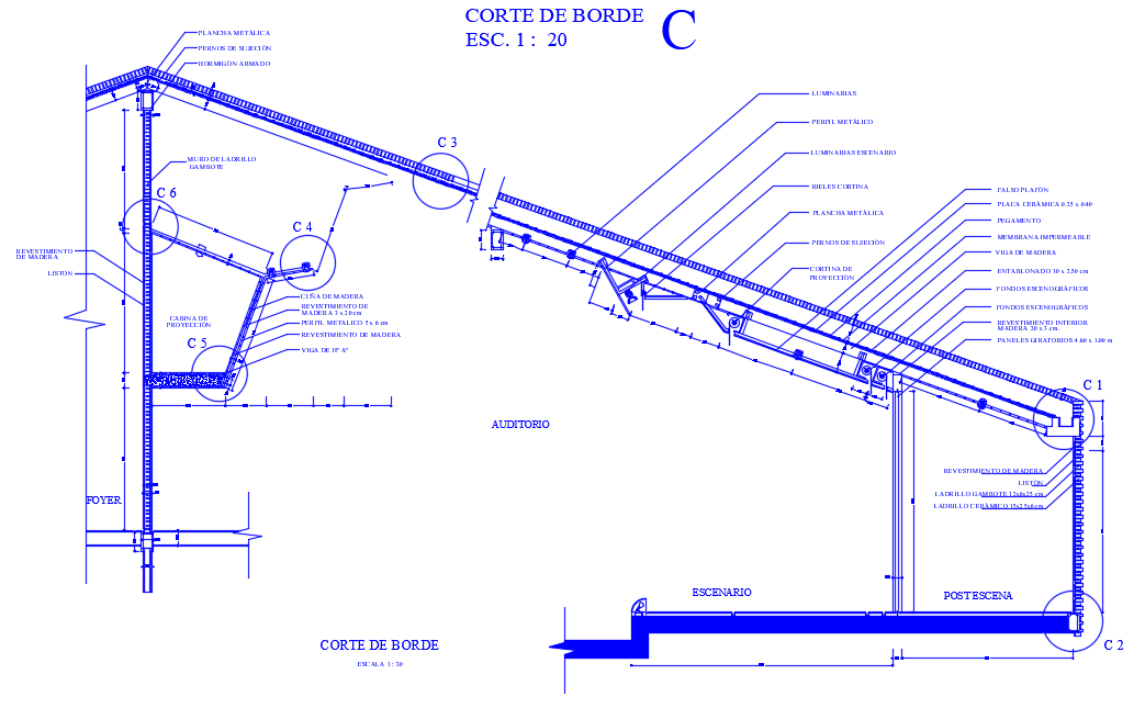 Auditorium with shed roof cross section dwg file