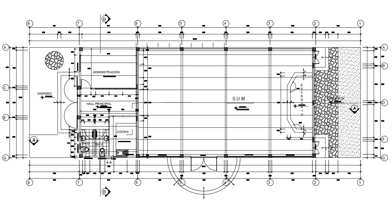 Auditorium layout plan presented in this file. Download this 2d AutoCAD drawing file.