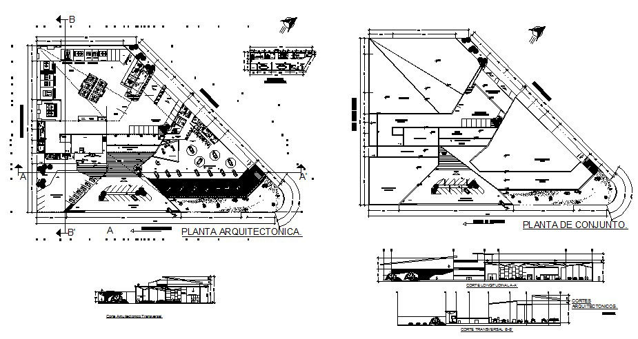 Auto-agency office building elevation, section and floor plan details dwg file