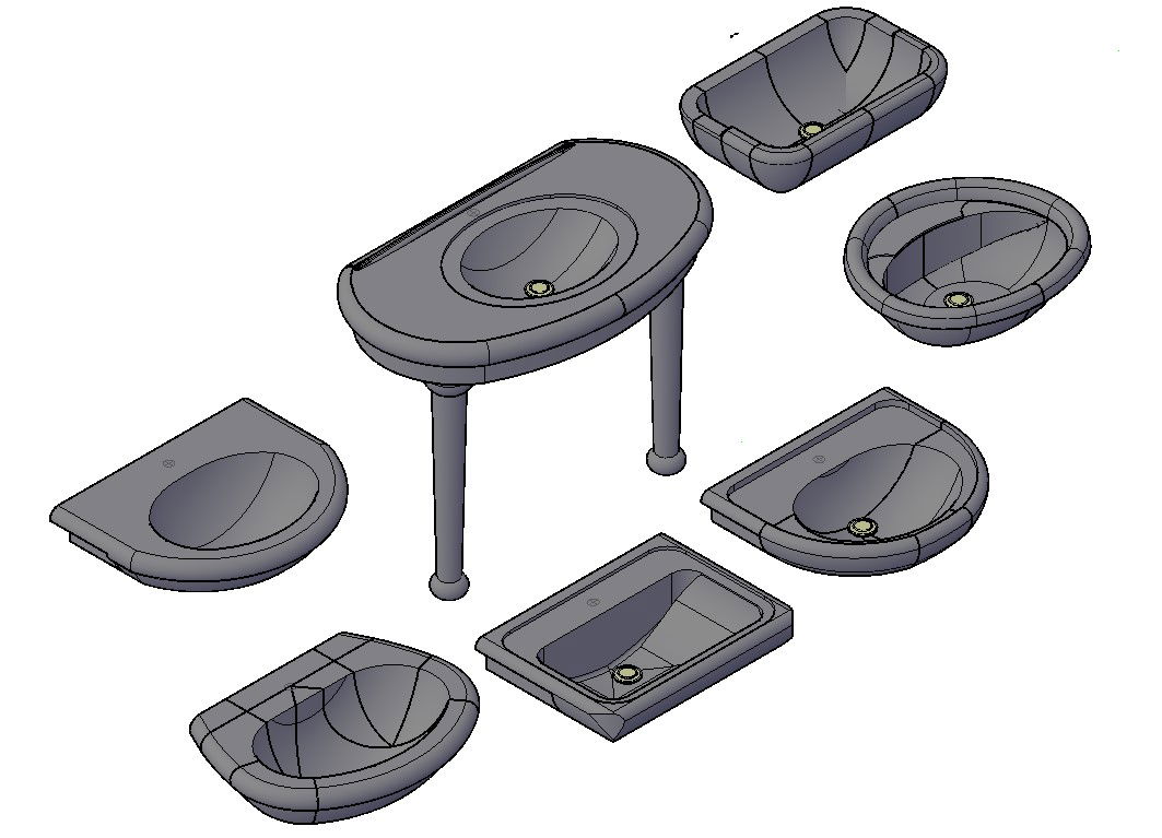 AutoCAD 3D Drawing Of Many Different Types Of Wash Basin Block DWG File