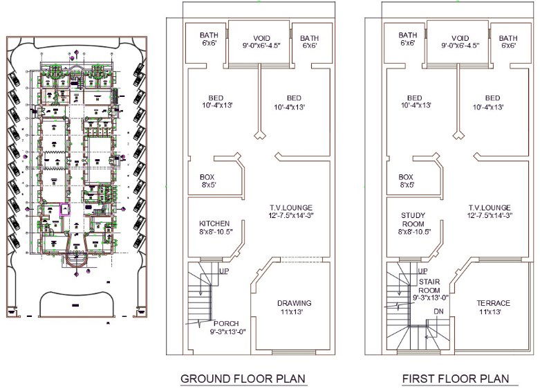 AutoCAD DWG Drawing file of 22'X50' Double bedroom G+1 House plan.Download the AutoCAD Drawing file.
